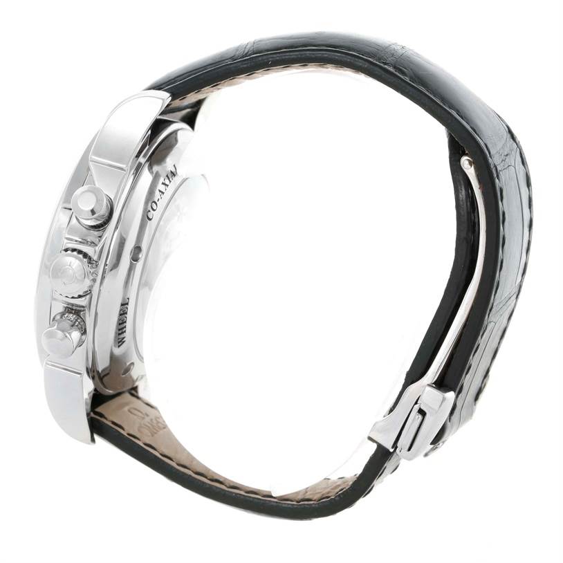 The image shows a side view of the Omega De Ville 4813.30.01 Men's Stainless Steel Black Dial 4813.30.01 Men's Stainless Steel Black Dial model watch, highlighting the buttons, leather strap, and part of the clasp.