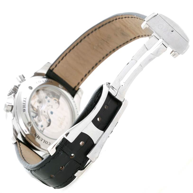 The image shows the back view and clasp of an Omega De Ville 4813.30.01 Men's Stainless Steel Black Dial 4813.30.01 Men's Stainless Steel Black Dial watch, highlighting the strap and open deployment clasp.