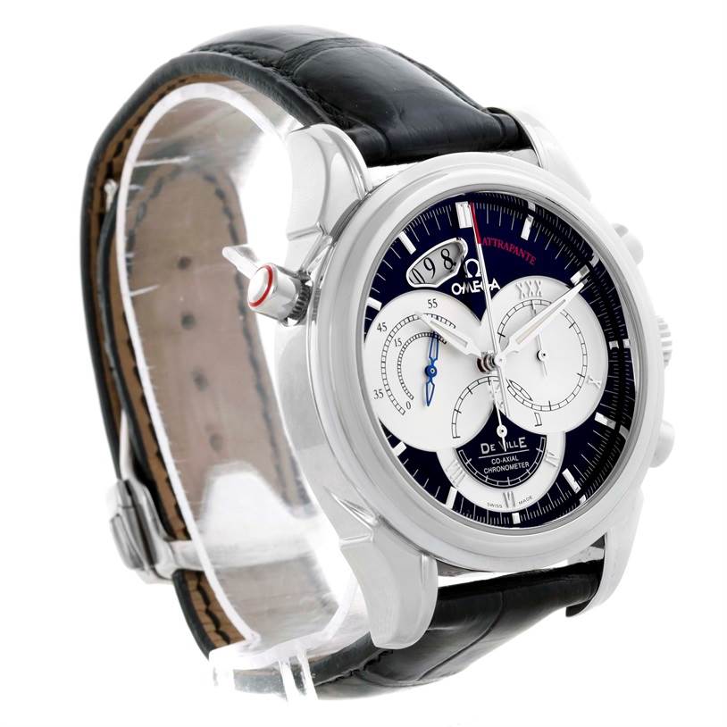 The image shows an Omega De Ville 4813.30.01 Men's Stainless Steel Black Dial 4813.30.01 Men's Stainless Steel Black Dial watch from a right-side angle, detailing its dial, crown, and black leather strap.