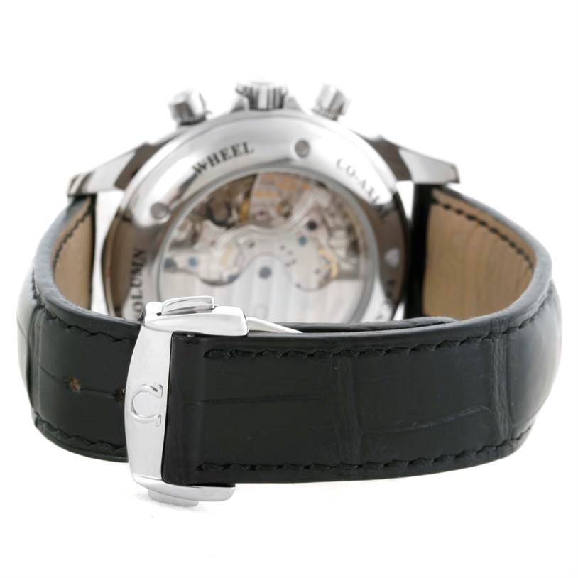 The image shows the back view of an Omega De Ville 4813.30.01 Men's Stainless Steel Black Dial 4813.30.01 Men's Stainless Steel Black Dial watch, featuring its transparent case back and leather strap.