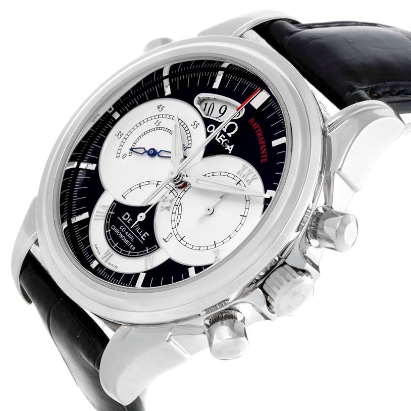 This image shows a side angle of an Omega De Ville 4813.30.01 Men's Stainless Steel Black Dial 4813.30.01 Men's Stainless Steel Black Dial watch, highlighting the face, crown, pushers, and black leather strap.