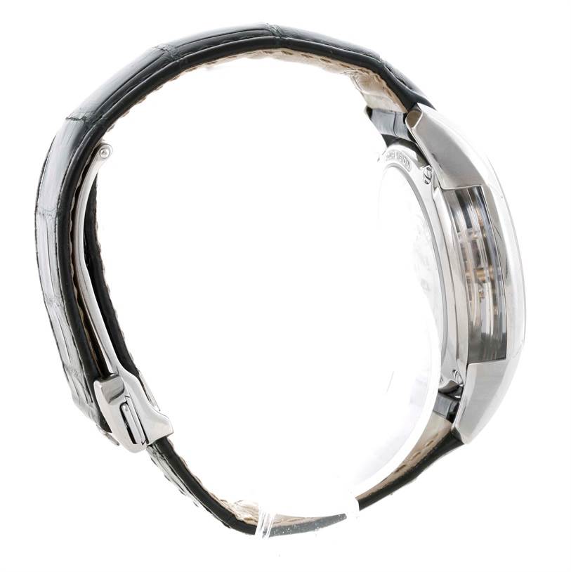 The image shows the Omega De Ville 431.33.41.21.03.001 Men's Stainless Steel Blue Dial 431.33.41.21.03.001 Men's Stainless Steel Blue Dial watch from a side angle, highlighting its case, bezel, and leather strap.