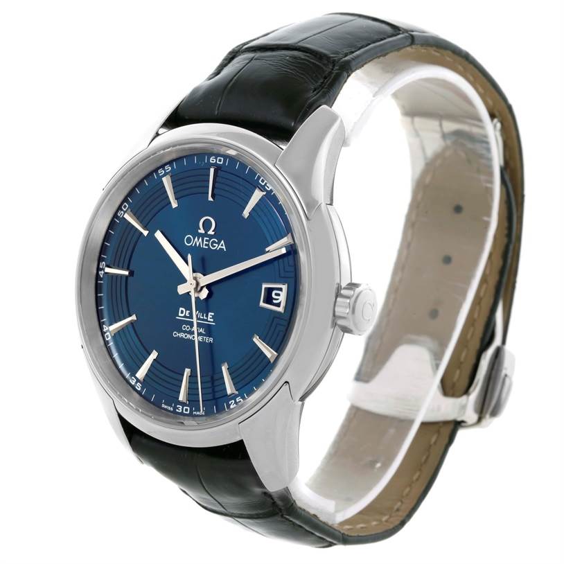 The Omega De Ville 431.33.41.21.03.001 Men's Stainless Steel Blue Dial 431.33.41.21.03.001 Men's Stainless Steel Blue Dial watch is shown from a slight left-side angle, displaying the face, dial, crown, and leather strap.