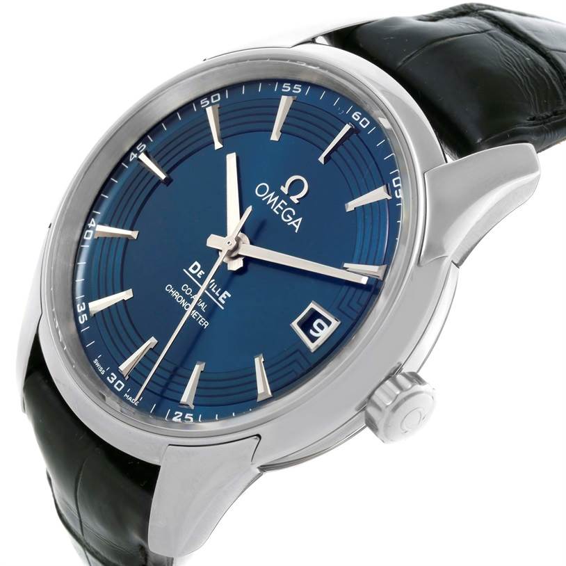The Omega De Ville 431.33.41.21.03.001 Men's Stainless Steel Blue Dial 431.33.41.21.03.001 Men's Stainless Steel Blue Dial watch is shown at a slight angle displaying the face, bezel, crown, and a portion of the strap.