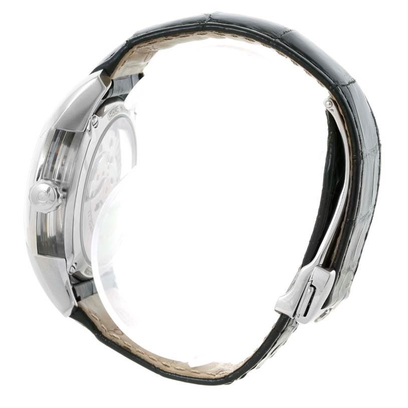 The image shows a side view of the Omega De Ville 431.33.41.21.03.001 Men's Stainless Steel Blue Dial 431.33.41.21.03.001 Men's Stainless Steel Blue Dial watch, highlighting its case, crown, and leather strap.