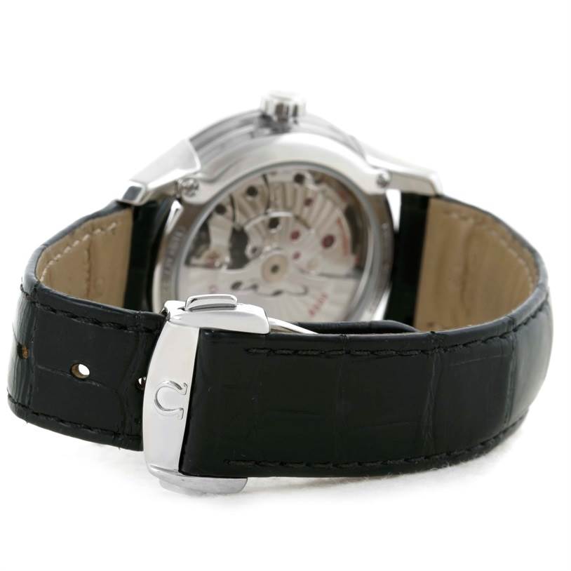 This image of the Omega De Ville 431.33.41.21.03.001 Men's Stainless Steel Blue Dial 431.33.41.21.03.001 Men's Stainless Steel Blue Dial watch shows the back casing and black leather strap with a metal clasp.