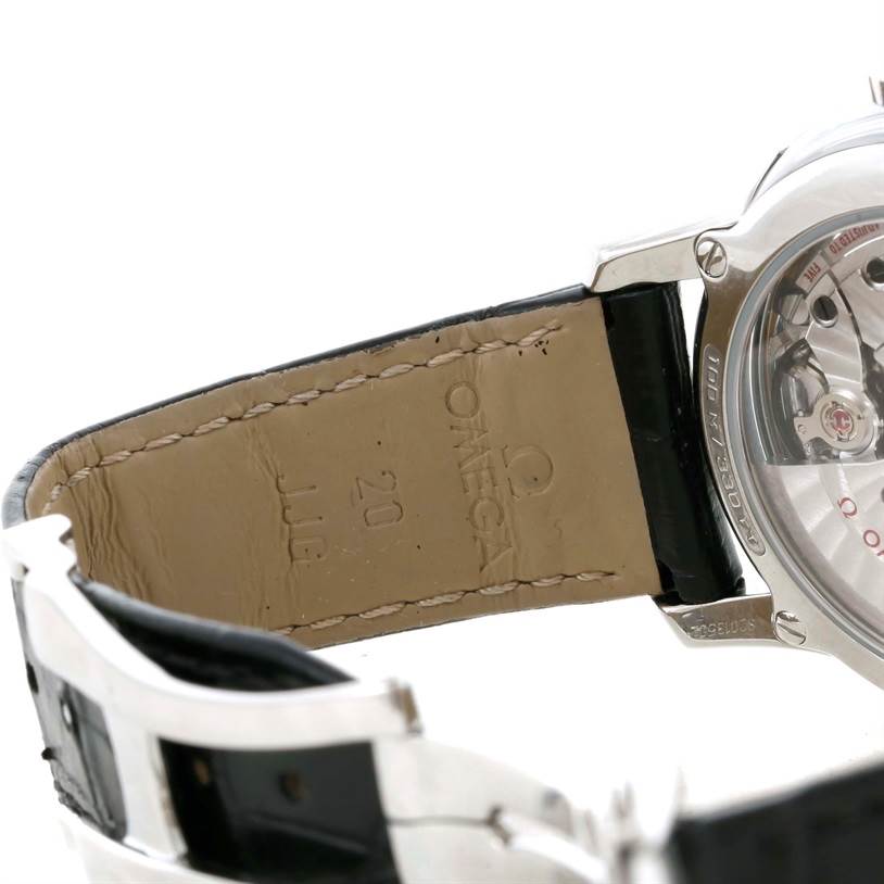 The image shows the inner side of the leather strap and back case of the Omega De Ville 431.33.41.21.03.001 Men's Stainless Steel Blue Dial 431.33.41.21.03.001 Men's Stainless Steel Blue Dial watch at an angle.