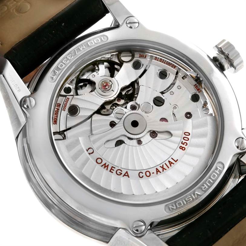 This image shows the back case and the inner mechanical movement of the Omega De Ville 431.33.41.21.03.001 Men's Stainless Steel Blue Dial 431.33.41.21.03.001 Men's Stainless Steel Blue Dial Co-Axial 8500 model.