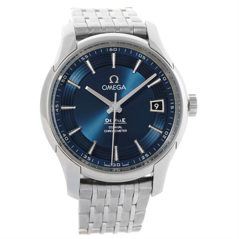 The image shows a front view of an Omega De Ville 431.33.41.21.03.001 Men's Stainless Steel Blue Dial 431.33.41.21.03.001 Men's Stainless Steel Blue Dial watch with a blue dial and stainless steel bracelet.