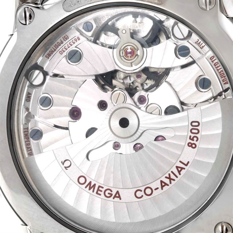 The image shows the back view of the Omega De Ville 431.33.41.21.03.001 Men's Stainless Steel Blue Dial 431.33.41.21.03.001 Men's Stainless Steel Blue Dial watch, highlighting the Co-Axial 8500 movement.