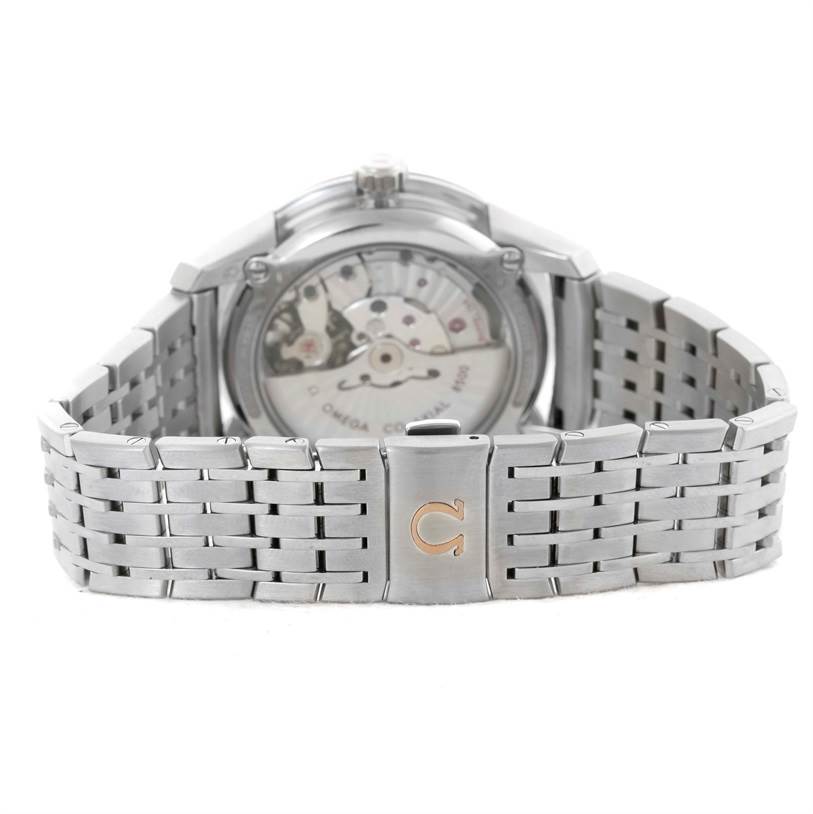 This image shows the back of an Omega De Ville 431.33.41.21.03.001 Men's Stainless Steel Blue Dial 431.33.41.21.03.001 Men's Stainless Steel Blue Dial watch, highlighting the movement and stainless steel bracelet.