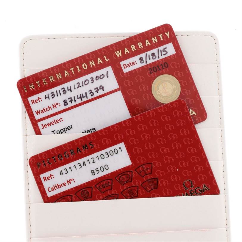 The image shows the international warranty card and pictograms card for an Omega De Ville 431.13.41.21.03.001 Men's Stainless Steel Blue Dial 431.13.41.21.03.001 Men's Stainless Steel Blue Dial watch.