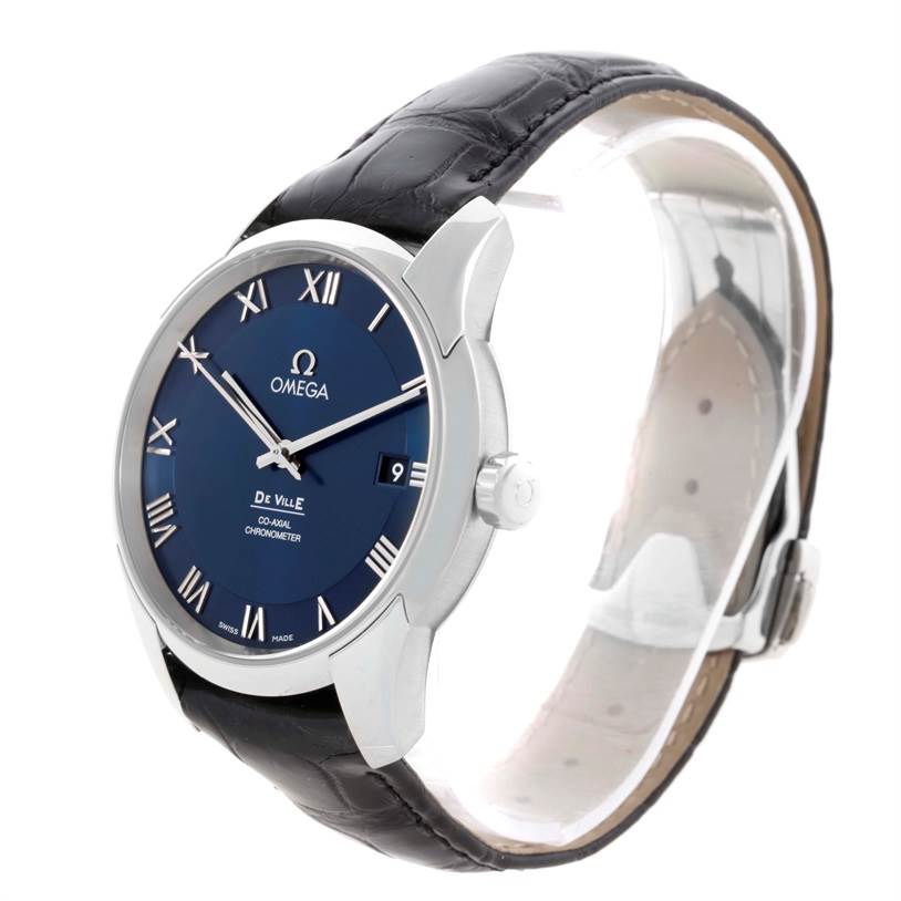 This image shows a De Ville model by Omega from a slight side angle, highlighting the watch face, crown, and strap.