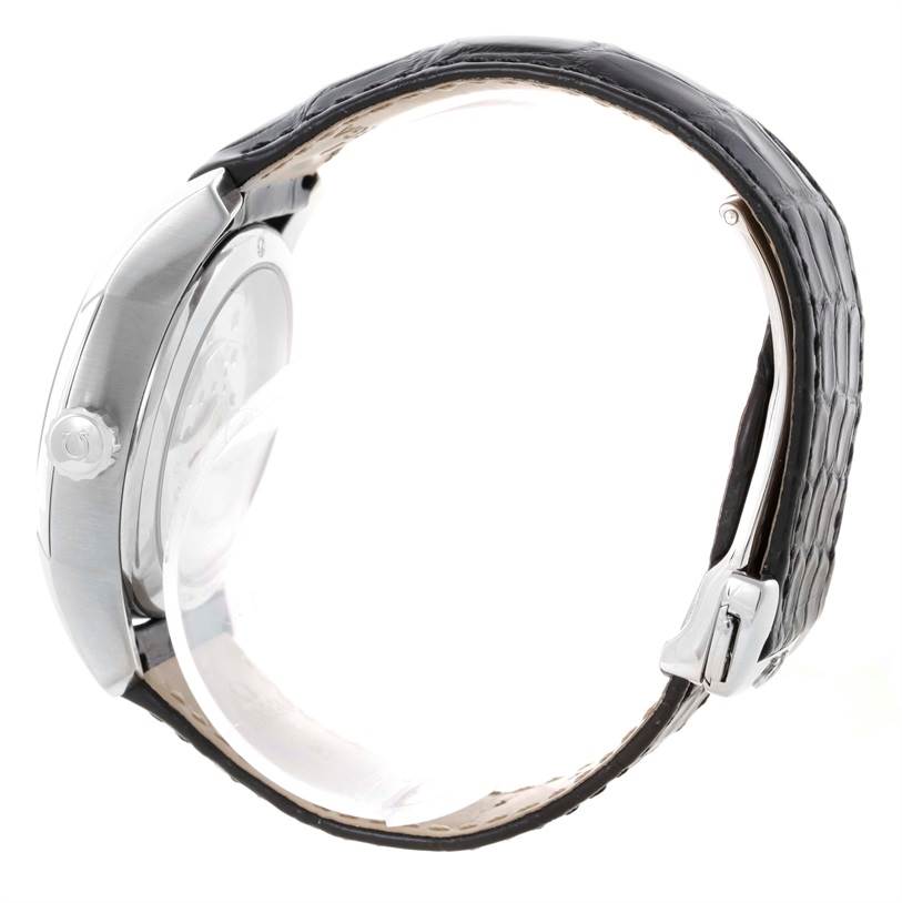 The side view of the Omega De Ville 431.13.41.21.03.001 Men's Stainless Steel Blue Dial 431.13.41.21.03.001 Men's Stainless Steel Blue Dial watch showcases its crown, case, and black leather strap with a clasp.