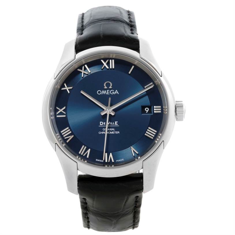 This Omega De Ville 431.13.41.21.03.001 Men's Stainless Steel Blue Dial 431.13.41.21.03.001 Men's Stainless Steel Blue Dial watch is shown from a front angle, highlighting its blue dial, Roman numerals, and black leather strap.