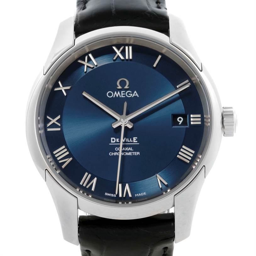 The image shows a front view of an Omega De Ville 431.13.41.21.03.001 Men's Stainless Steel Blue Dial 431.13.41.21.03.001 Men's Stainless Steel Blue Dial watch, highlighting the blue dial, Roman numerals, and date display.