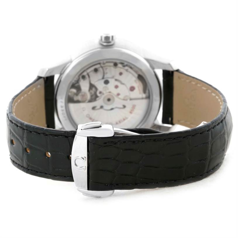 The image shows the back view of an Omega De Ville 431.13.41.21.03.001 Men's Stainless Steel Blue Dial 431.13.41.21.03.001 Men's Stainless Steel Blue Dial watch, highlighting the transparent case back and black leather strap.