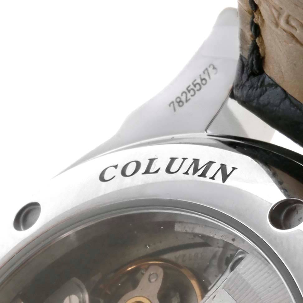 The image shows a close-up of the case back and part of the strap of an Omega De Ville 4847.50.31 Men's Stainless Steel Black Dial 4847.50.31 Men's Stainless Steel Black Dial watch, highlighting the word "COLUMN."