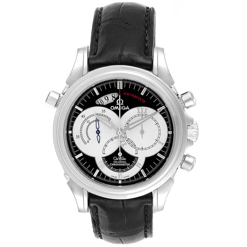 This Omega De Ville 4847.50.31 Men's Stainless Steel Black Dial 4847.50.31 Men's Stainless Steel Black Dial watch is shown from a front angle, displaying its face, bezel, pushers, and leather strap.