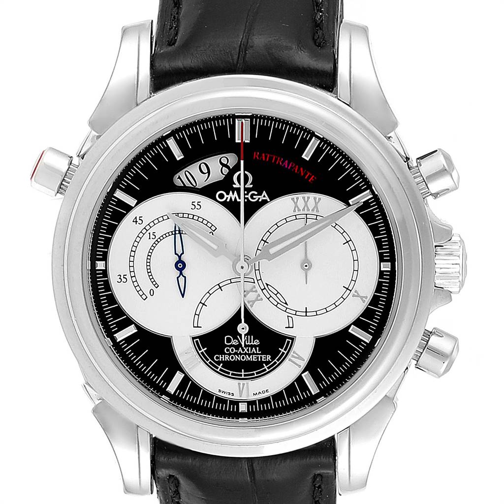 The image shows a front view of the Omega De Ville 4847.50.31 Men's Stainless Steel Black Dial 4847.50.31 Men's Stainless Steel Black Dial Co-Axial Chronometer watch, highlighting its dial, sub-dials, and strap.