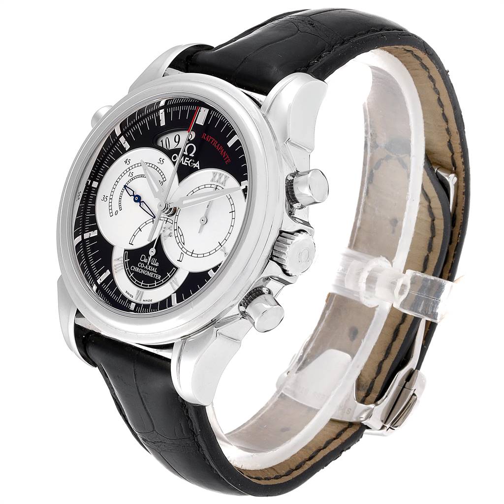 The image displays a side view of an Omega De Ville 4847.50.31 Men's Stainless Steel Black Dial 4847.50.31 Men's Stainless Steel Black Dial watch, highlighting its black leather strap and silver case with multiple dials.