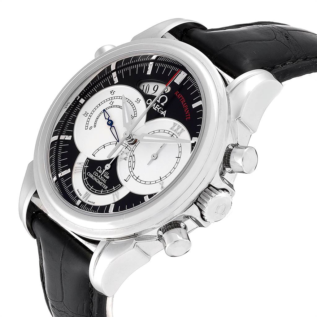 The image shows an angled view of an Omega De Ville 4847.50.31 Men's Stainless Steel Black Dial 4847.50.31 Men's Stainless Steel Black Dial watch, highlighting its face, chronograph dials, and black leather strap.