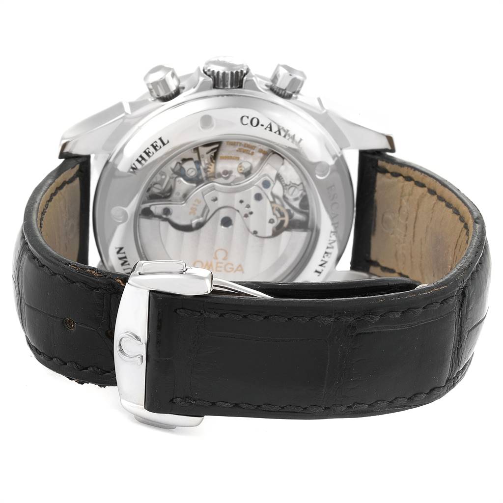 This image shows the back view of the Omega De Ville 4847.50.31 Men's Stainless Steel Black Dial 4847.50.31 Men's Stainless Steel Black Dial watch, highlighting the movement mechanism and the black leather strap.