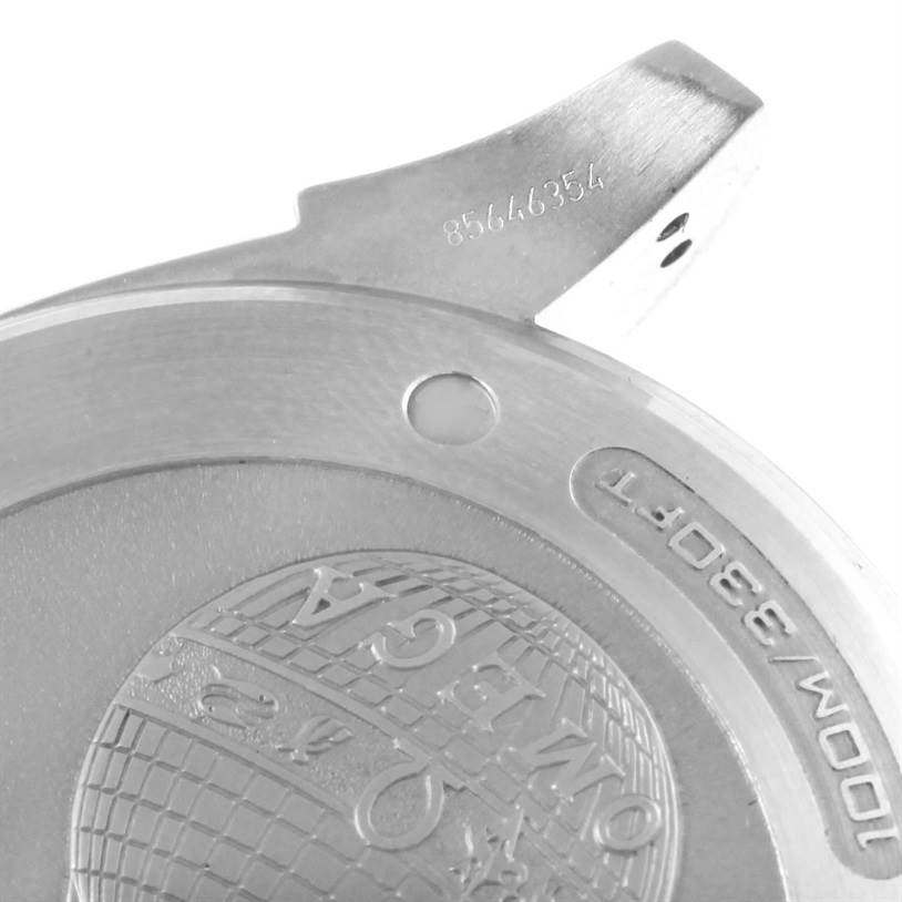 The image shows a close-up of the case back of an Omega De Ville 422.10.41.52.06.001 Men's Stainless Steel Grey Dial 422.10.41.52.06.001 Men's Stainless Steel Grey Dial watch, highlighting its engravings and serial number.