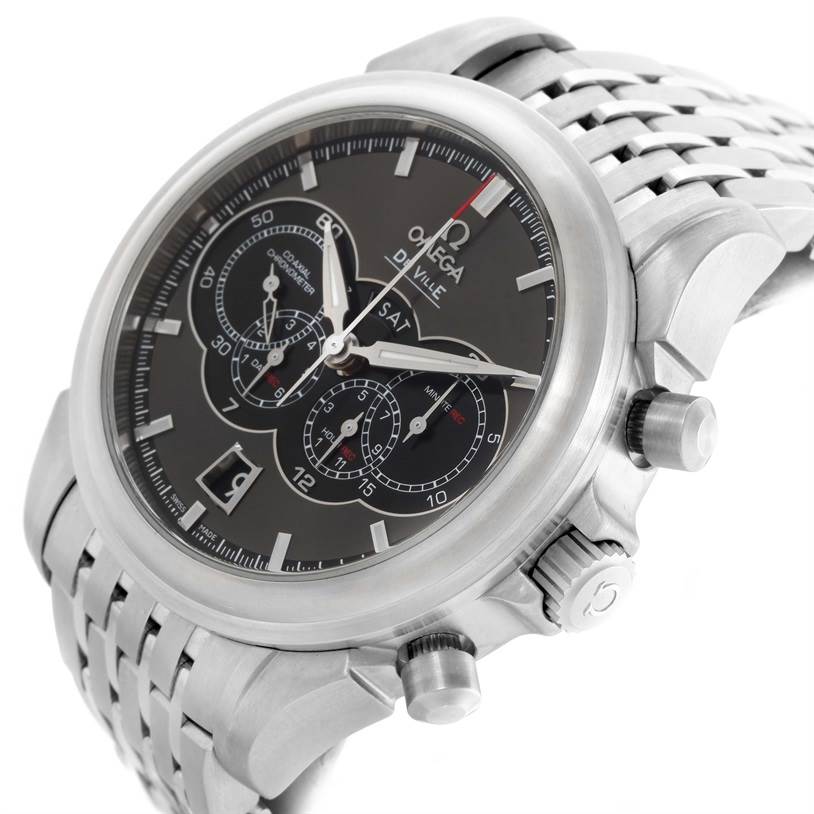 The image shows the face and side buttons of an Omega De Ville 422.10.41.52.06.001 Men's Stainless Steel Grey Dial 422.10.41.52.06.001 Men's Stainless Steel Grey Dial watch at an angle, highlighting the dial and bracelet.