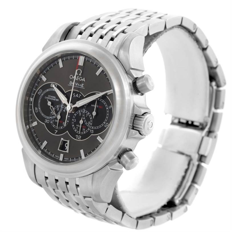 The photo shows a three-quarter view of an Omega De Ville 422.10.41.52.06.001 Men's Stainless Steel Grey Dial 422.10.41.52.06.001 Men's Stainless Steel Grey Dial watch, displaying the face, bezel, crown, pushers, and bracelet.