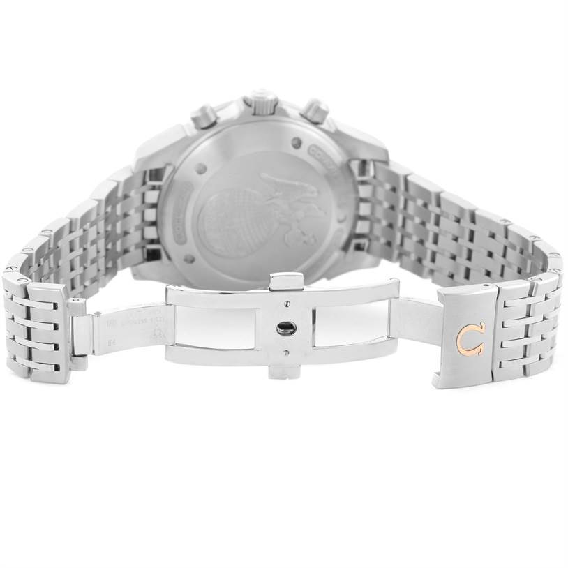 The image shows the back view and clasp of the Omega De Ville 422.10.41.52.06.001 Men's Stainless Steel Grey Dial 422.10.41.52.06.001 Men's Stainless Steel Grey Dial watch with an open metal bracelet.