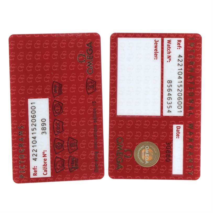 The image shows the warranty and pictogram cards for the Omega De Ville 422.10.41.52.06.001 Men's Stainless Steel Grey Dial 422.10.41.52.06.001 Men's Stainless Steel Grey Dial watch model.