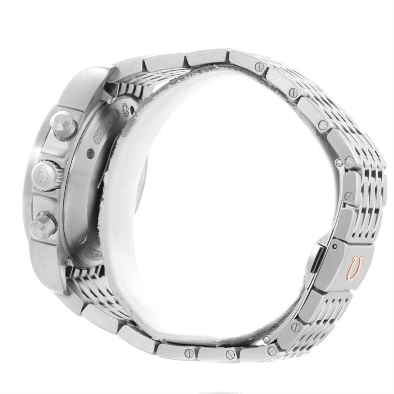 The image shows a side view of the Omega De Ville 422.10.41.52.06.001 Men's Stainless Steel Grey Dial 422.10.41.52.06.001 Men's Stainless Steel Grey Dial watch, highlighting the crown, pushers, and metal bracelet with clasp.