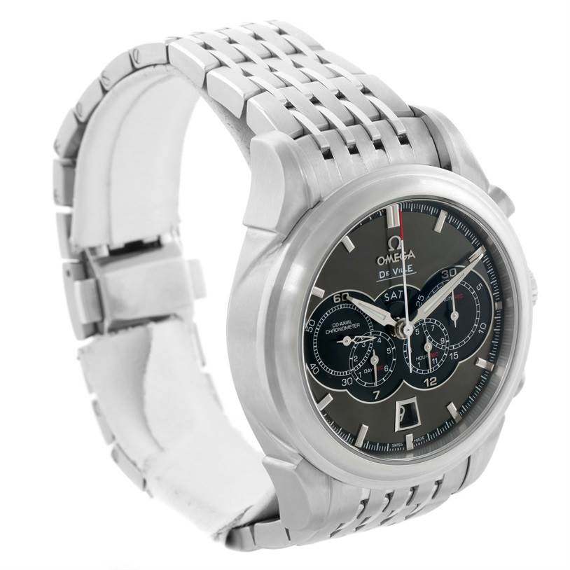 This is a side angle view of an Omega De Ville 422.10.41.52.06.001 Men's Stainless Steel Grey Dial 422.10.41.52.06.001 Men's Stainless Steel Grey Dial watch showing the face, dial, and metal bracelet.
