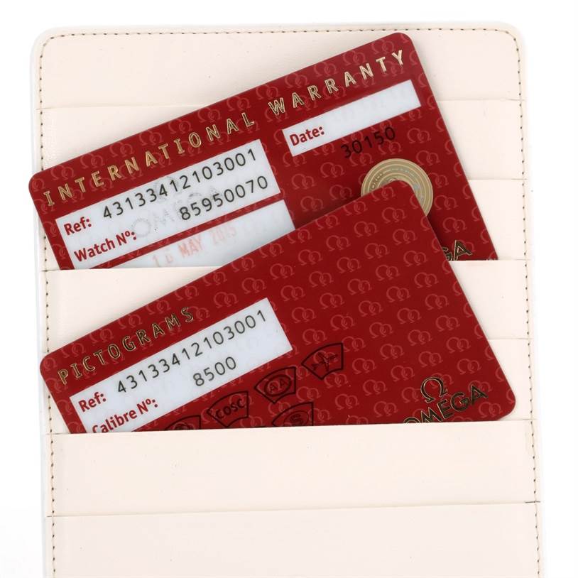 The image shows the warranty and pictogram cards for an Omega De Ville 431.33.41.21.03.001 Men's Stainless Steel Blue Dial 431.33.41.21.03.001 Men's Stainless Steel Blue Dial watch, placed in a cardholder.