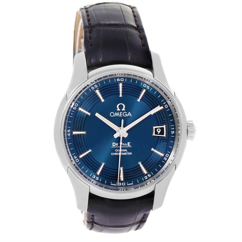 The image shows a front view of the Omega De Ville 431.33.41.21.03.001 Men's Stainless Steel Blue Dial 431.33.41.21.03.001 Men's Stainless Steel Blue Dial watch, featuring its blue dial, silver case, crown, and black leather strap.