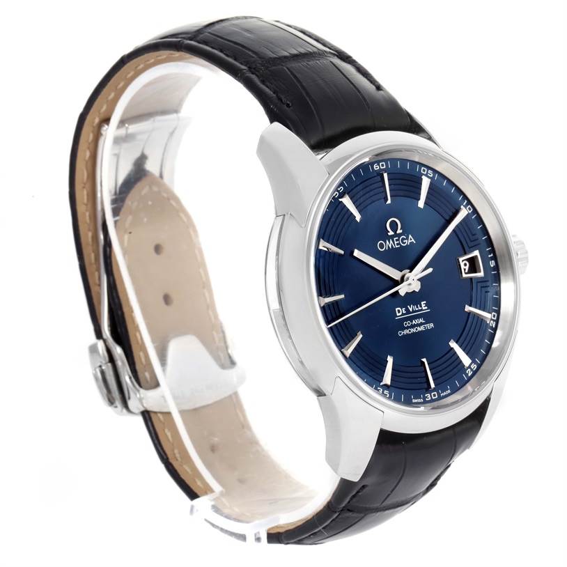 The Omega De Ville 431.33.41.21.03.001 Men's Stainless Steel Blue Dial 431.33.41.21.03.001 Men's Stainless Steel Blue Dial watch is shown at a three-quarter angle, highlighting the blue dial, silver case, and black leather strap.