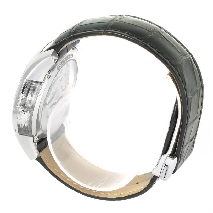 The image shows the side and back of the Omega De Ville 431.33.41.21.03.001 Men's Stainless Steel Blue Dial 431.33.41.21.03.001 Men's Stainless Steel Blue Dial watch, including the leather strap and transparent case back.