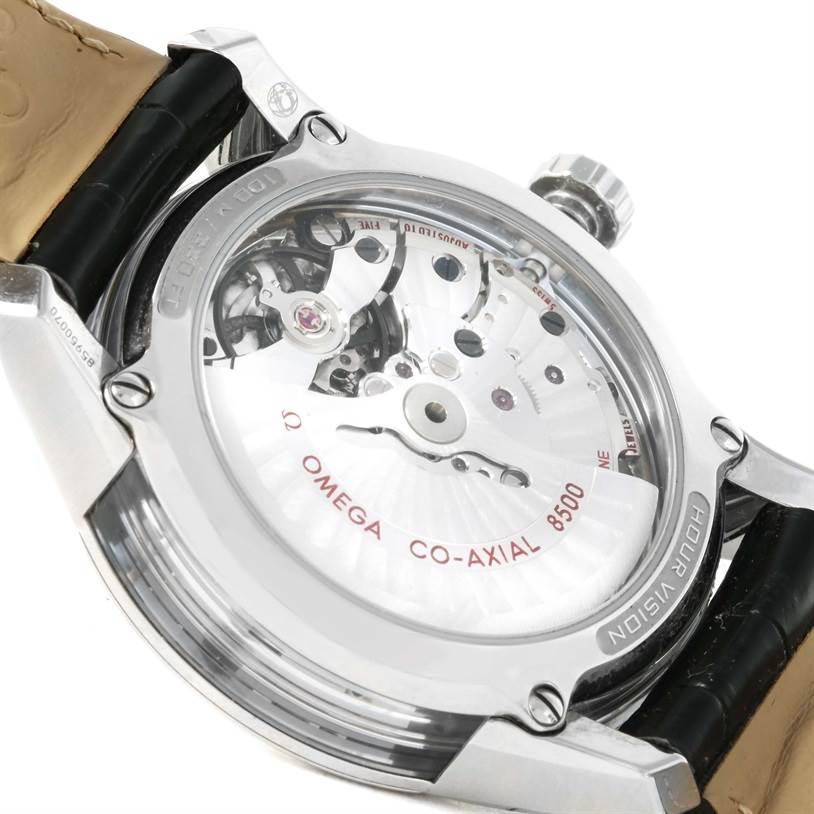 The Omega De Ville 431.33.41.21.03.001 Men's Stainless Steel Blue Dial 431.33.41.21.03.001 Men's Stainless Steel Blue Dial watch is shown from a rear angle, highlighting its Co-Axial movement and transparent case back.