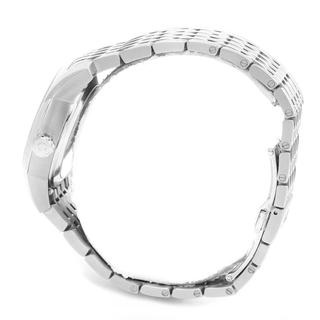 The image shows a side view of the Omega De Ville 431.10.41.21.02.001 Men's Stainless Steel Silver Dial 431.10.41.21.02.001 Men's Stainless Steel Silver Dial watch, highlighting its case thickness and metal bracelet.