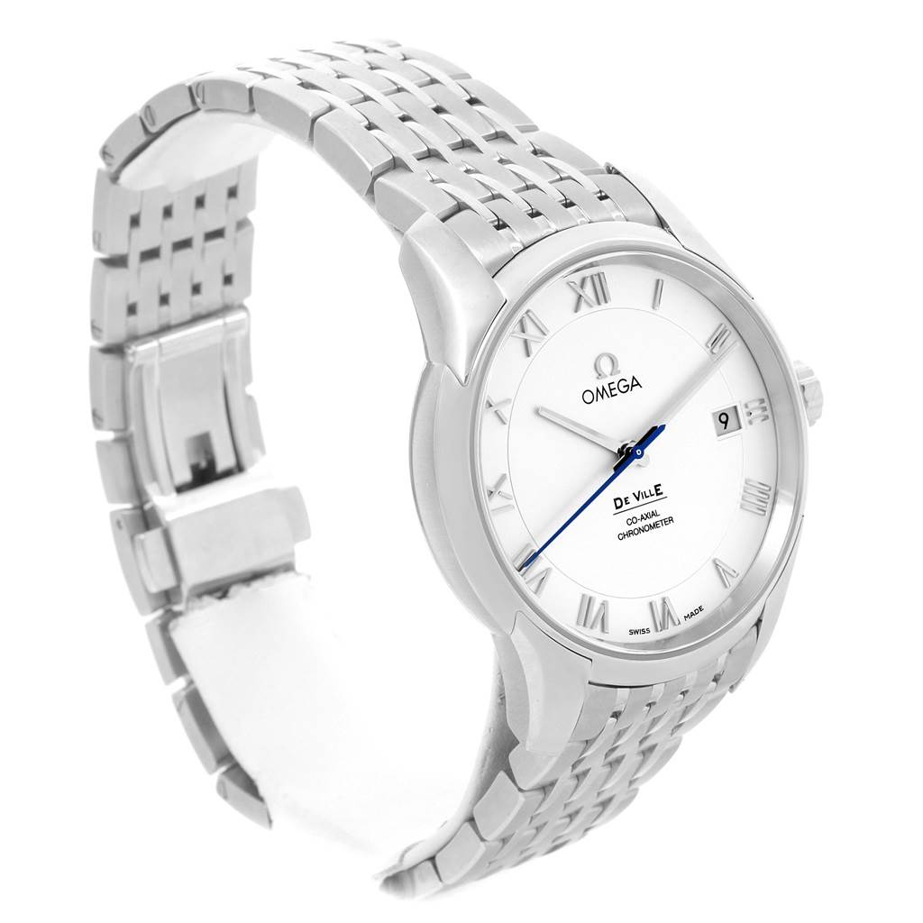 The image shows the front and side of an Omega De Ville 431.10.41.21.02.001 Men's Stainless Steel Silver Dial 431.10.41.21.02.001 Men's Stainless Steel Silver Dial watch, featuring its face, bezel, crown, and metal bracelet.