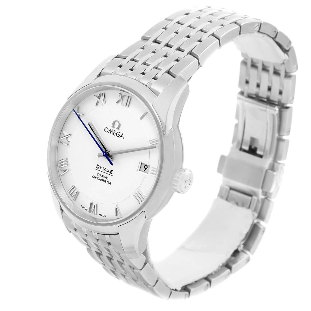 This image shows an Omega De Ville 431.10.41.21.02.001 Men's Stainless Steel Silver Dial 431.10.41.21.02.001 Men's Stainless Steel Silver Dial watch from a front-left angle, highlighting its white dial, blue hands, and metal bracelet.