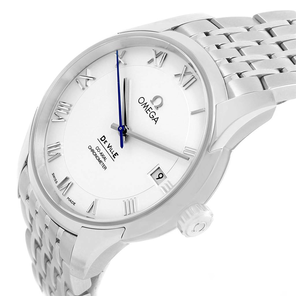 The image shows a close-up side angle of an Omega De Ville 431.10.41.21.02.001 Men's Stainless Steel Silver Dial 431.10.41.21.02.001 Men's Stainless Steel Silver Dial watch, highlighting the bezel, dial, crown, and part of the bracelet.
