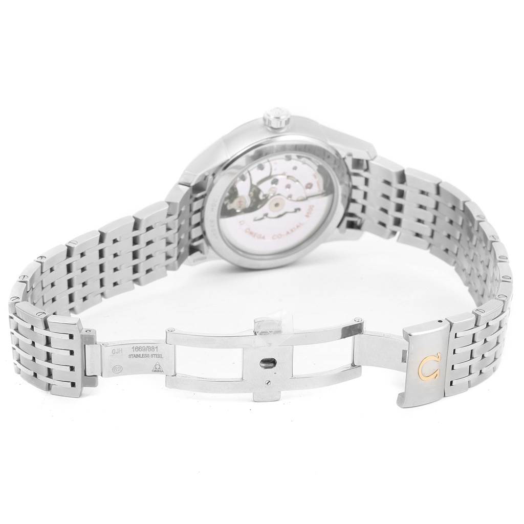 The image shows the back view of an Omega De Ville 431.10.41.21.02.001 Men's Stainless Steel Silver Dial 431.10.41.21.02.001 Men's Stainless Steel Silver Dial watch with its stainless steel bracelet and clasp visible.