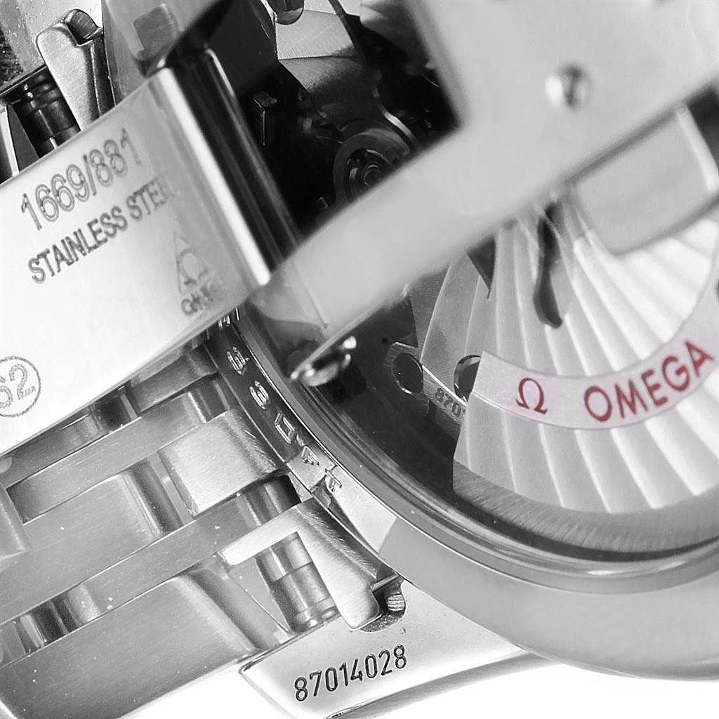 The image shows a close-up of the bracelet and part of the back of the Omega De Ville 431.10.41.21.02.001 Men's Stainless Steel Silver Dial 431.10.41.21.02.001 Men's Stainless Steel Silver Dial watch, highlighting the serial numbers and branding.