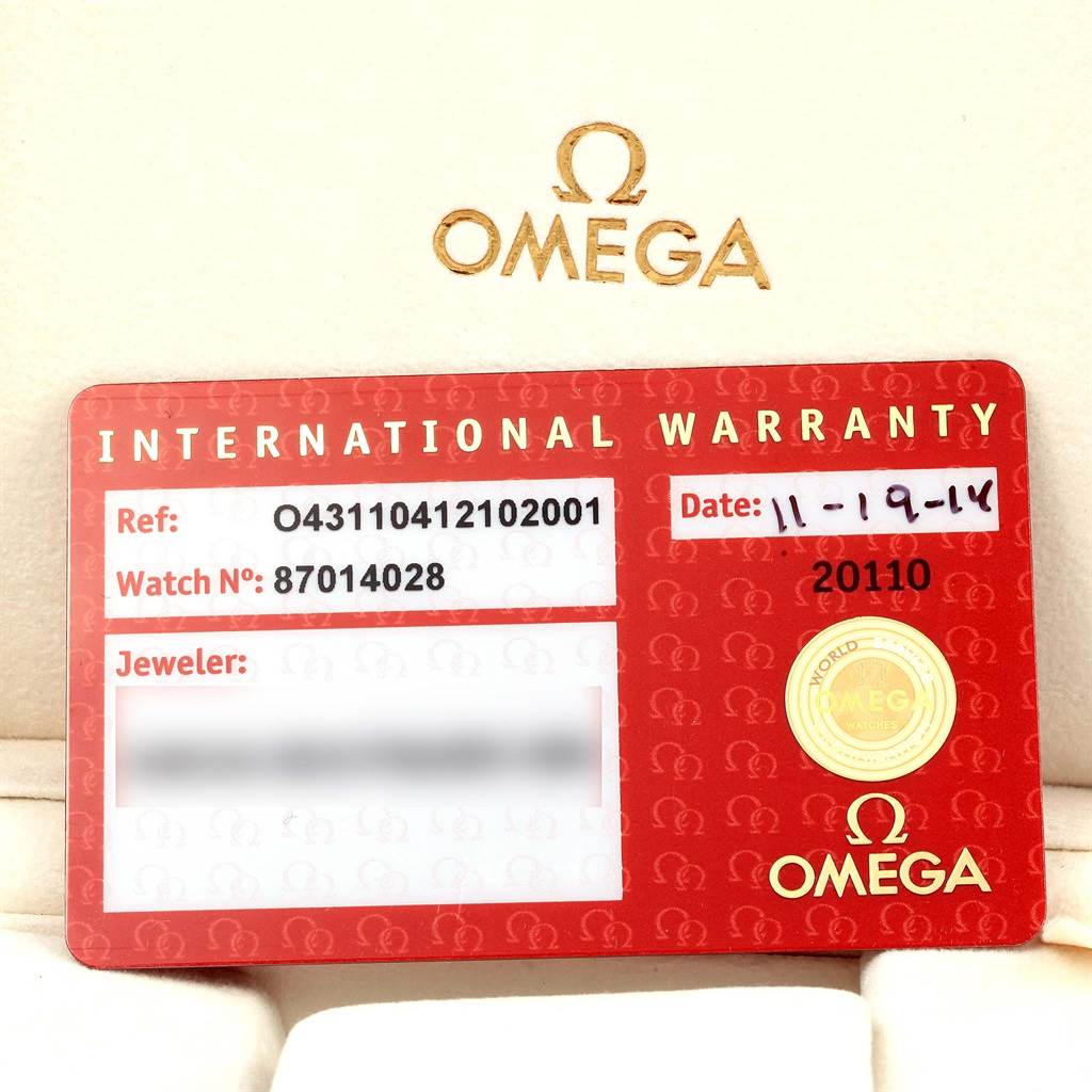 This image shows the international warranty card for the Omega De Ville 431.10.41.21.02.001 Men's Stainless Steel Silver Dial 431.10.41.21.02.001 Men's Stainless Steel Silver Dial watch model.