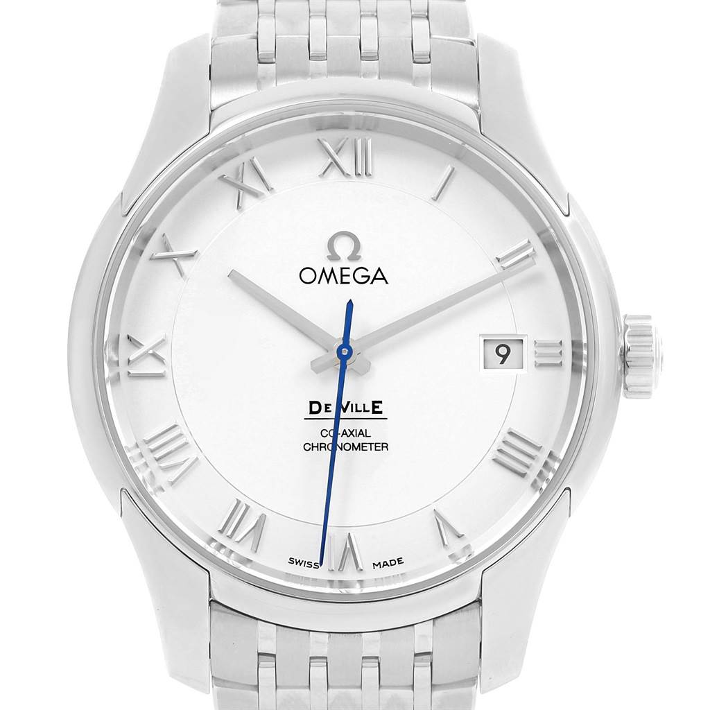 The image shows a front-facing view of the Omega De Ville 431.10.41.21.02.001 Men's Stainless Steel Silver Dial 431.10.41.21.02.001 Men's Stainless Steel Silver Dial watch, displaying its dial, hands, and part of the metal bracelet.