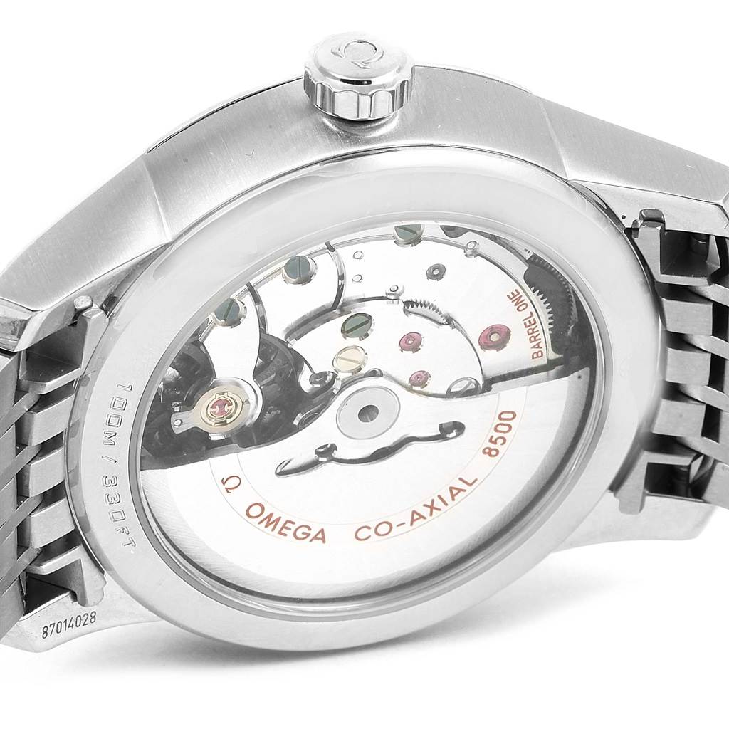 The image shows the back view of an Omega De Ville 431.10.41.21.02.001 Men's Stainless Steel Silver Dial 431.10.41.21.02.001 Men's Stainless Steel Silver Dial watch, displaying its Co-Axial 8500 movement and mechanical components.