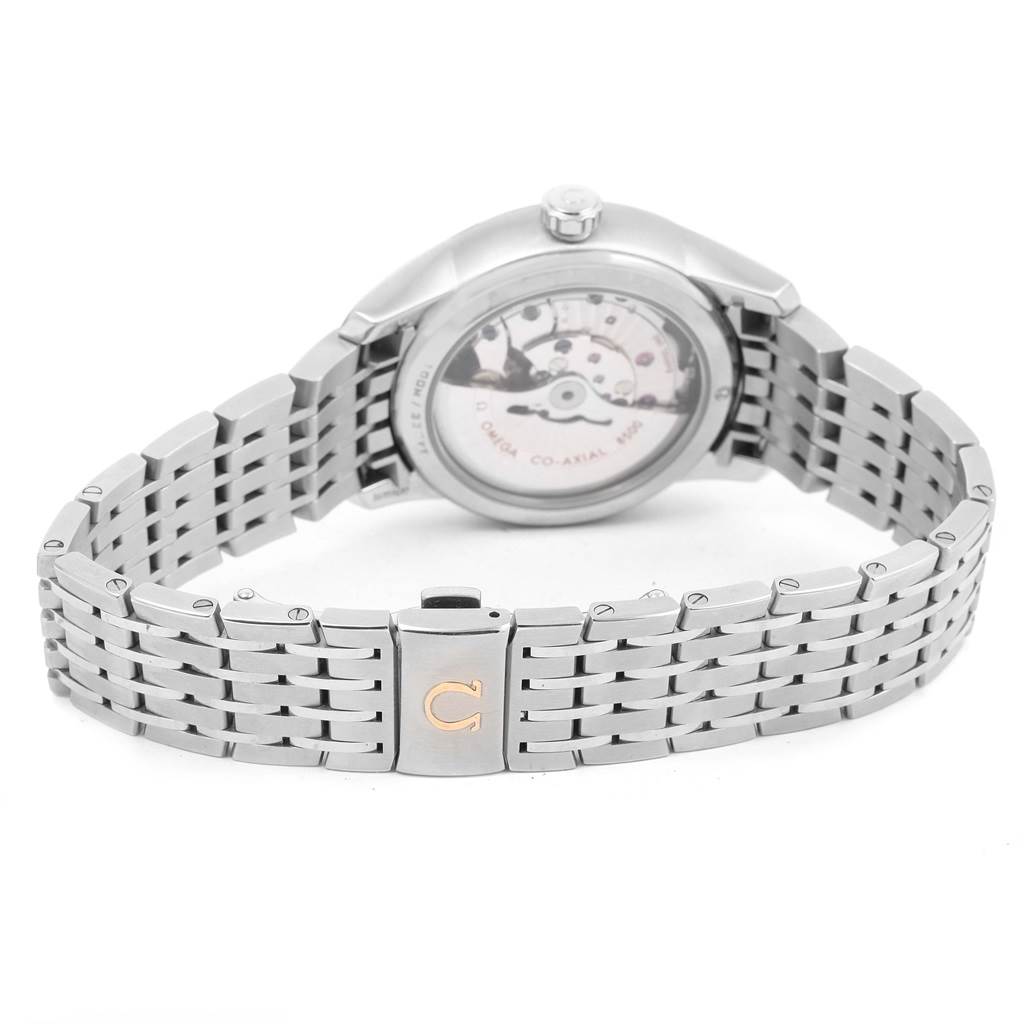 The image shows the back of an Omega De Ville 431.10.41.21.03.001 Men's Stainless Steel Blue Dial 431.10.41.21.03.001 Men's Stainless Steel Blue Dial watch, highlighting its bracelet and visible movement from an angled rear view.