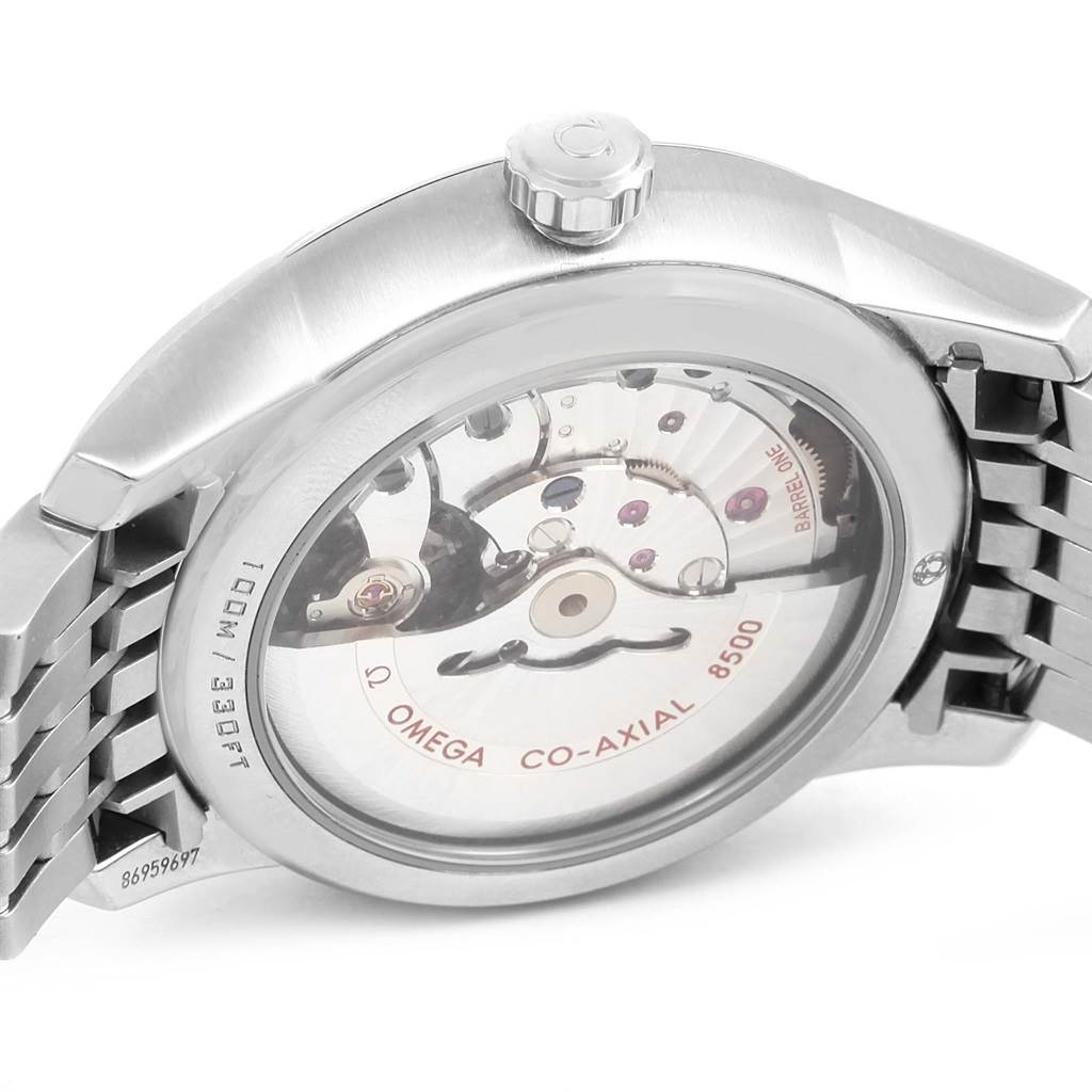 The image shows the back angle of the Omega De Ville 431.10.41.21.03.001 Men's Stainless Steel Blue Dial 431.10.41.21.03.001 Men's Stainless Steel Blue Dial watch, highlighting the Co-Axial 8500 movement and the metal bracelet.